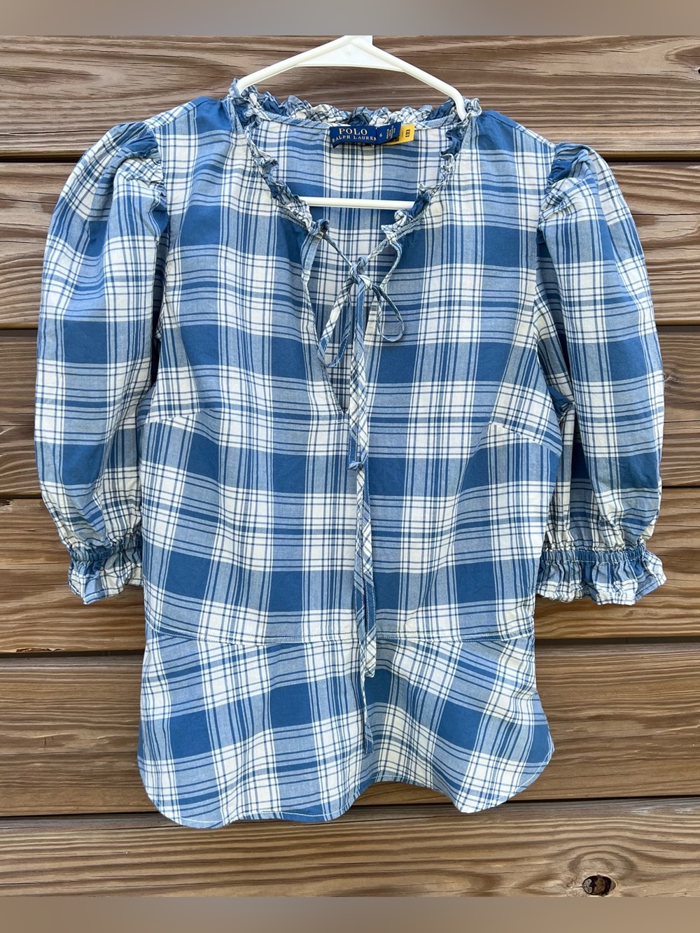 Polo Ralph Lauren Cassie Blue & White Ruffled Neck Blouse Peplum Women’s SZ 6